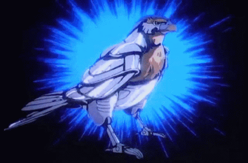 A Robotic Bird Is Surrounded By Blue Light Rays GIF