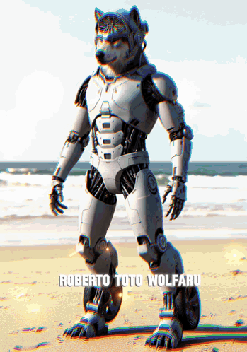 A Robotic Wolf Standing On The Beach With The Name Roberto Toto Wolfaru Below It GIF