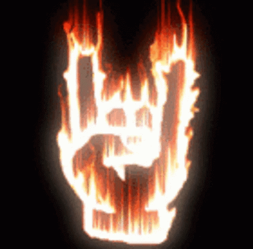 A Rock And Roll Sign Is On Fire With A Black Background GIF