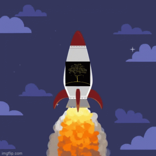 A Rocket With A Picture Of A Tree On It Is Taking Off GIF