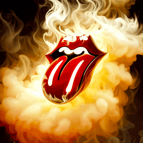 A Rolling Stones Logo Is Surrounded By Smoke And Flames GIF