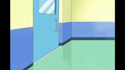 A Room With A Blue Door And A Green Floor GIF