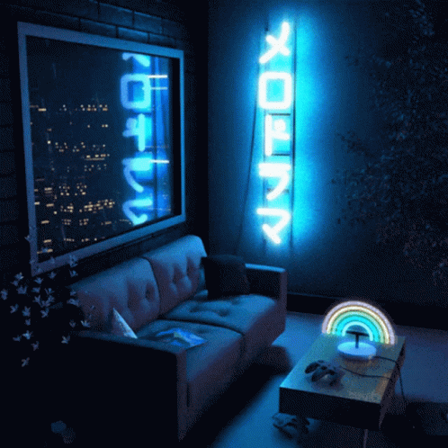 A Room With A Couch And A Neon Sign That Says " Xerox " GIF