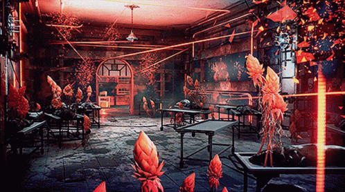 A Room With A Lot Of Plants And A Few Tables In It GIF