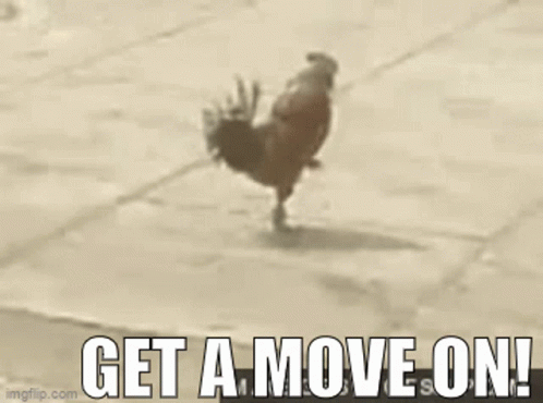 A Rooster Is Standing On One Leg On A Sidewalk With The Words `` Get A Move On '' . GIF
