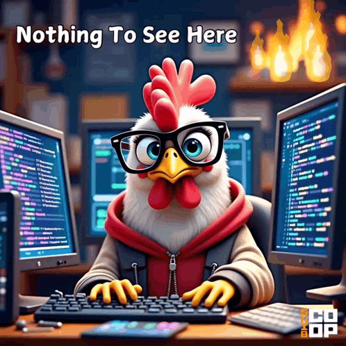 A Rooster Wearing Glasses Is Typing On A Keyboard With The Words Nothing To See Here Below It GIF