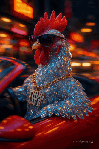 A Rooster Wearing Sunglasses And A Thug Life Necklace Is Driving A Red Car GIF