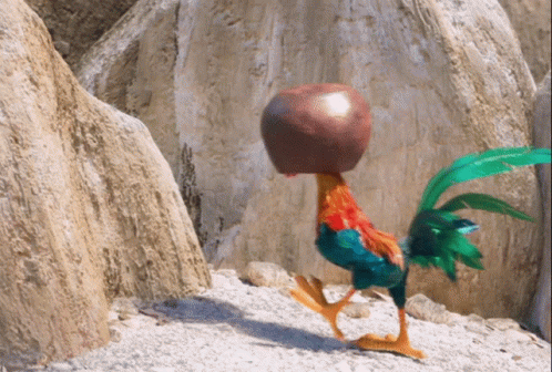 A Rooster With A Ball On Its Head Walking On The Ground GIF
