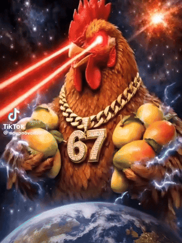 A Rooster With A Chain Around Its Neck And The Number 67 On It GIF