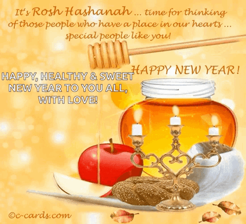 a rosh hashanah card with a jar of honey candles and apples