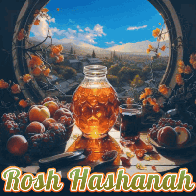 A Rosh Hashanah Greeting Card With A Picture Of Fruit And A Bottle Of Honey GIF