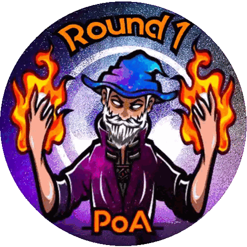 a round 7 poa logo with a wizard holding fire