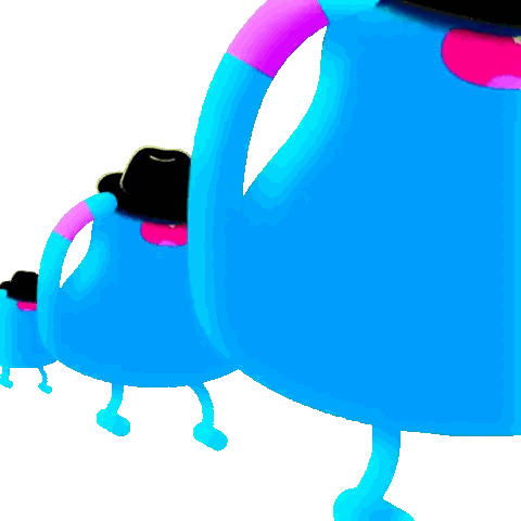 a row of blue cartoon characters are standing in a line