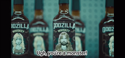 A Row Of Bottles Of Godzilla Whiskey Are Lined Up GIF