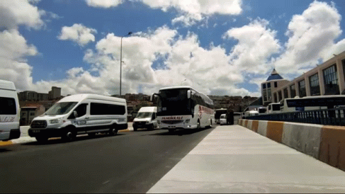 A Row Of Buses Are Parked On The Side Of A Road And One Of Them Has The Word Palmur On The Side GIF
