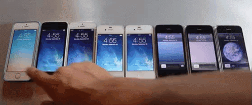 A Row Of Cell Phones With The Time 4:55 On Their Screens GIF