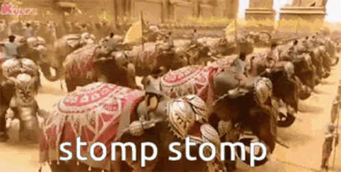A Row Of Elephants Are Lined Up In A Parade With The Words Stomp Stomp Written Below Them . GIF