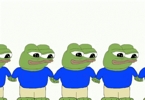 A Row Of Green Frogs Wearing Blue Shirts Are Standing Next To Each Other GIF