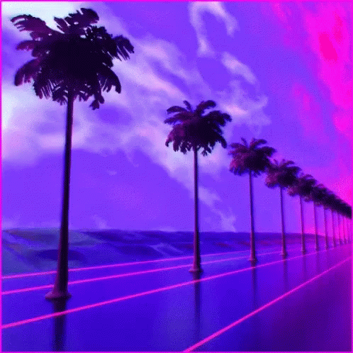 A Row Of Palm Trees Against A Purple And Pink Background GIF