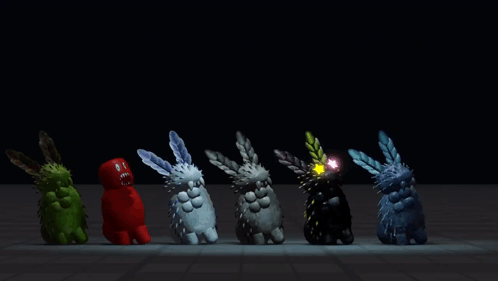 A Row Of Rabbits In Different Colors Are Lined Up In A Dark Room GIF