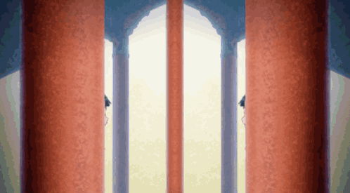 A Row Of Red Columns With A Blue Archway GIF