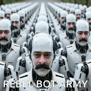 A Row Of Robot Soldiers With The Words Rebel Bot Army Written On The Bottom GIF