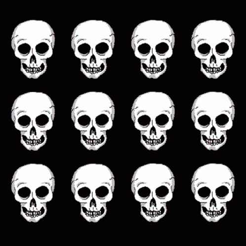 A Row Of Skulls With Pink Tongues Sticking Out On A Black Background GIF