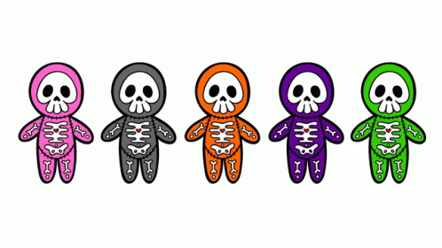A Row Of Stuffed Skeletons With Different Colors GIF