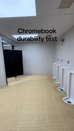 A Row Of Urinals In A Bathroom With The Words Chromebook Durability Test At The Top GIF