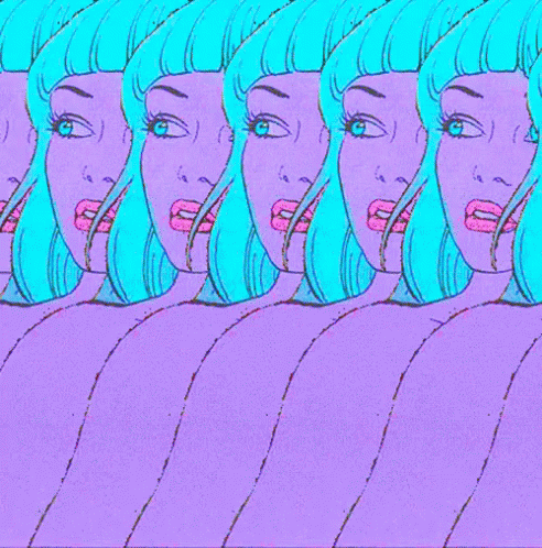 A Row Of Women With Blue Hair And Pink Lips GIF
