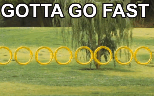 A Row Of Yellow Rings In A Field With The Words Gotta Go Fast Above Them GIF