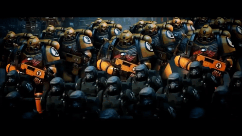 A Row Of Yellow Space Marines With The Number 3 On Their Chest GIF