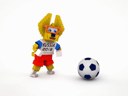 A Russia 2018 Mascot Kicks A Soccer Ball On A White Background GIF