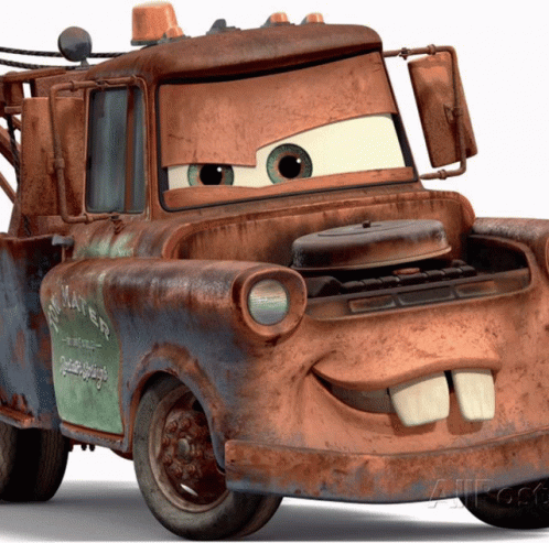 A Rusty Tow Truck With The Word Mater On The Side Of It GIF