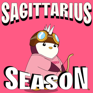 A Sagittarius Season Poster With A Penguin Wearing Goggles GIF