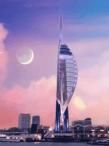 A Sailboat Shaped Building With A Crescent Moon Behind It GIF