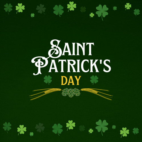 A Saint Patrick 'S Day Greeting Card With Clovers And Wheat On A Green Background GIF