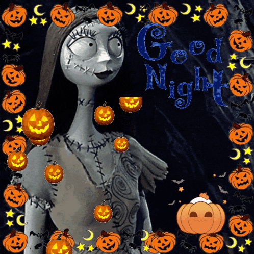 A Sally From The Nightmare Before Christmas Is Surrounded By Pumpkins And The Words Good Night GIF
