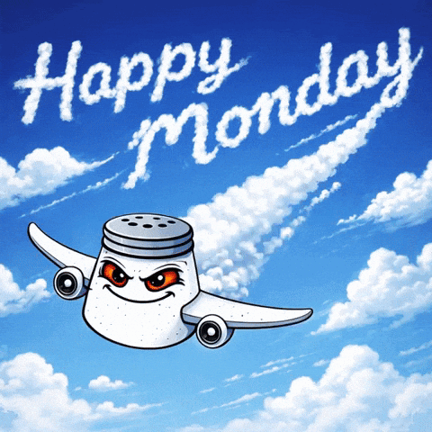 A Salt Shaker Is Flying Through The Air With The Words Happy Monday Written In The Clouds GIF
