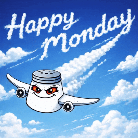 A Salt Shaker Is Flying Through The Air With The Words Happy Monday Written In The Clouds GIF