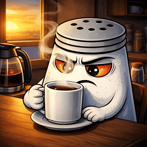 A Salt Shaker Is Holding A Cup Of Coffee On A Saucer GIF