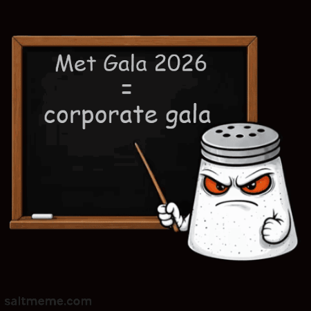 A Salt Shaker Is Holding A Pointer In Front Of A Blackboard That Says Met Gala 2026 = Corporate Gala GIF