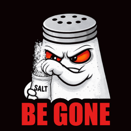 A Salt Shaker With An Angry Face Is Holding A Salt Shaker And Says Be Gone GIF