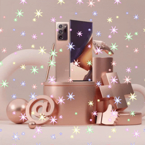 A Samsung Phone Sitting On Top Of A Podium Surrounded By Colorful Stars GIF