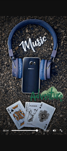 A Samsung Phone With Headphones And Playing Cards With The Words Music Adventure Written On The Bottom GIF