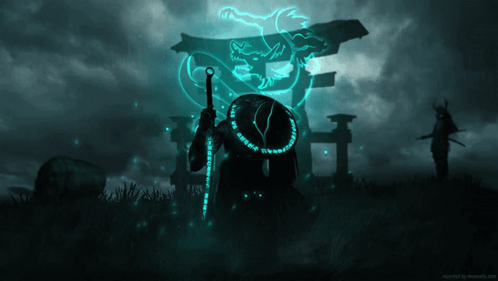 A Samurai Holding A Sword In Front Of A Glowing Dragon With Chinese Writing On It GIF