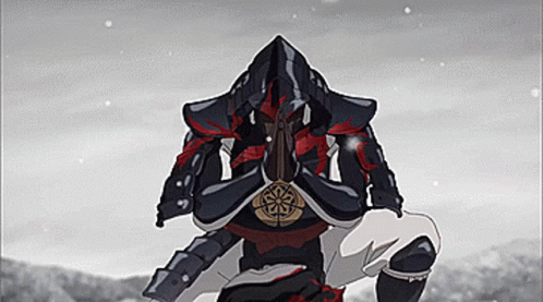 A Samurai In Armor Is Kneeling Down In The Snow While Praying . GIF