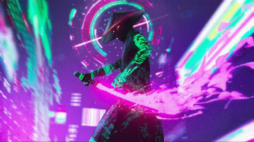 A Samurai Is Holding A Sword In A Futuristic World GIF