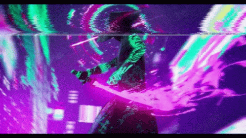 A Samurai Is Holding A Sword In A Purple And Green Background With A Glitch Effect . GIF