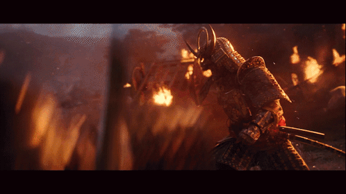 A Samurai Stands In Front Of A Bridge With A Sword In His Hand GIF